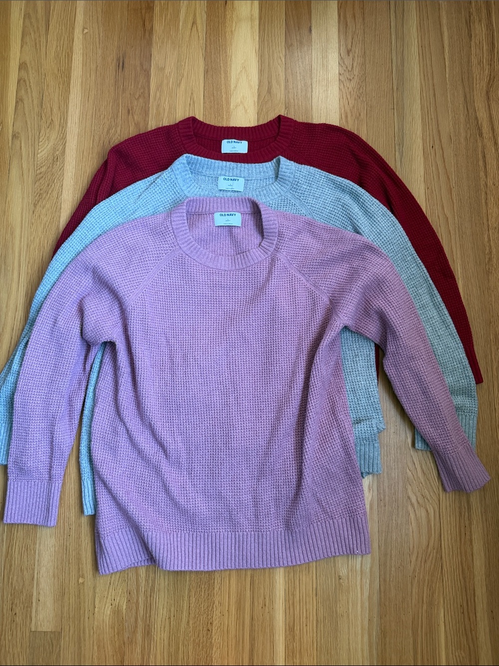 Old Navy Women’s Crewneck Sweater Trio in Pink, Gray, and Red